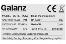 Máy sấy thông hơi Galanz 8 Kg DV-80T5C(W)